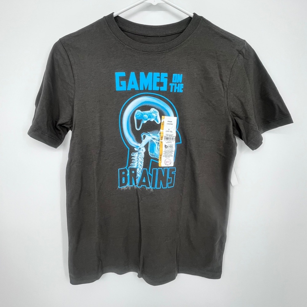 Games on the Brain Graphic T-Shirt Boy Large 10-12‎ Grey Video Gamer Cyperpunk